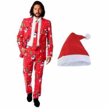 Heren opposuits kerst pak rood kerstmuts maat (l)